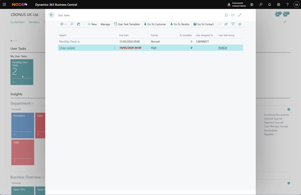 User Task Role Centre list