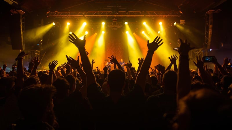 people cheering at a rock concert viewed from behind with yellow lights shining on stage.
